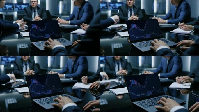 在会议室谈判桌上的商人和律师的背景会议上，站在桌上的笔记本电脑显示公司增长的统计数据、图表和图表