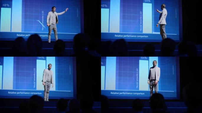 成功的男性演讲者登上舞台，向观众致意并展示新产品，在屏幕上显示信息图表，统计动画。现场活动/设备发布
