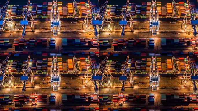 从顶视图或鸟瞰图看，现代工业港口的4k延时带集装箱。这是一个进出口货物港口，是新加坡船坞的一部分