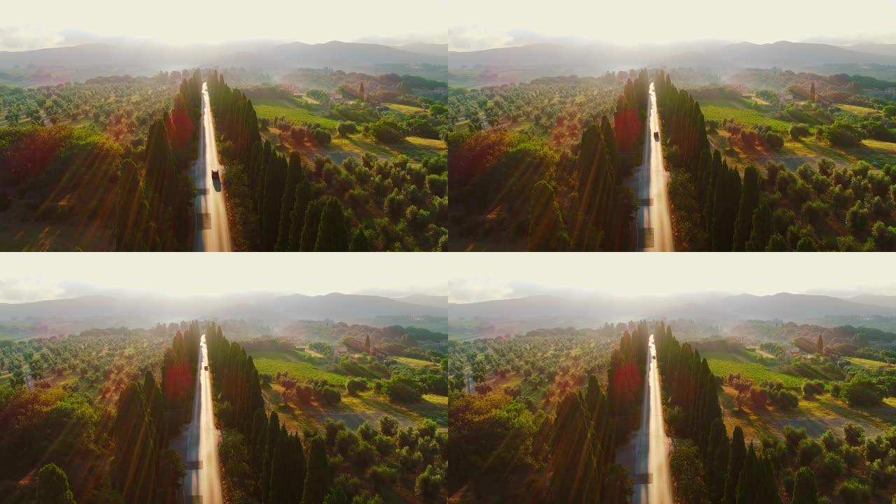 空中电影无人机可以看到乡村的小巷，背景是山脉，森林和中世纪城堡。雾蒙蒙的阳光明媚的早晨，在一个几乎没