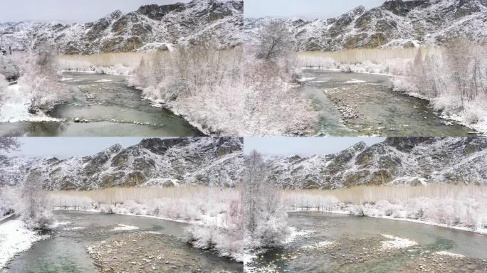 新疆鸟瞰图北国风光雪山航拍冰雪溪水