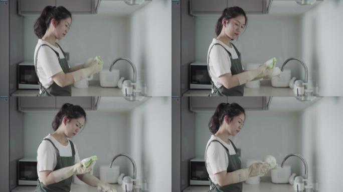 亚洲女性厨房洗碗清洗大扫除手套