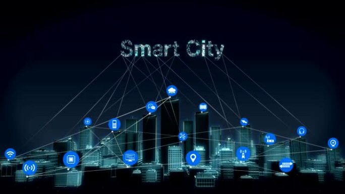 向前移动，智能城市上的各种物联网传感器图标，连接 “智能城市” 的智能建筑。4k。
