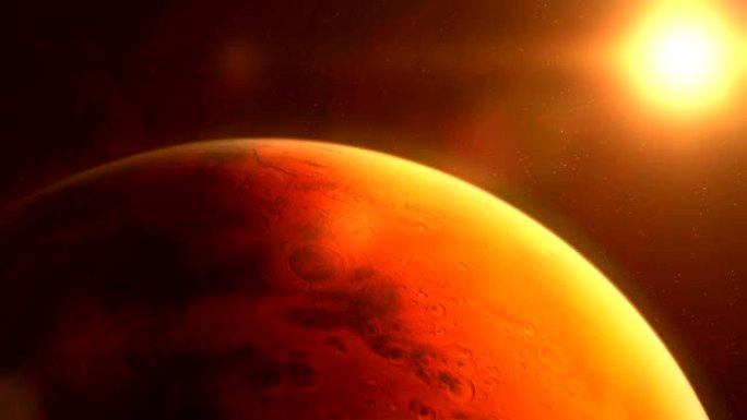 火星被太阳照亮。3D动画大气开场科幻星球