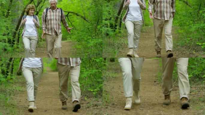 在森林中行走的老年男女