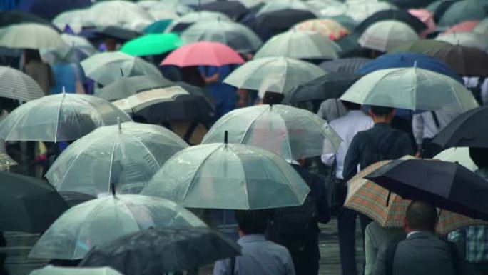 日本商人上午上班打伞下雨天