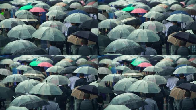 日本商人上午上班打伞下雨天