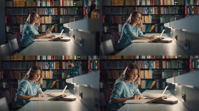 大学图书馆: 聪明的高加索女孩使用笔记本电脑，为论文，论文写笔记，为课堂作业学习。专注于学生学习，为