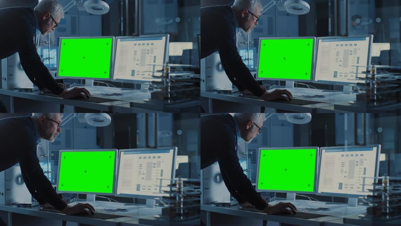 专业工程师在带有绿色模拟屏幕和集成开发编程的计算机上工作。在背景工业电子设计机构。超过肩膀射击