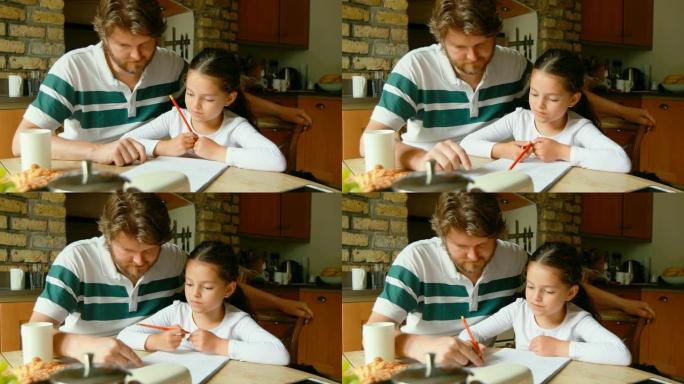 父亲在4k厨房帮助女儿学习