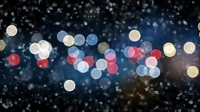 美丽温柔的圣诞雪落在夜灯闪烁的背景与慢风无缝。慢动作循环3d动画。节日庆典概念。