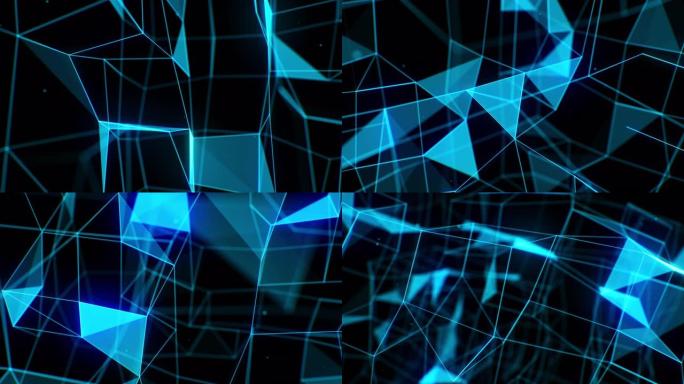 不断增长的商业网络网格蓝色，黑色背景上的DOF模糊。美丽的3d动画与线和点几何形状网格移动图形模式。