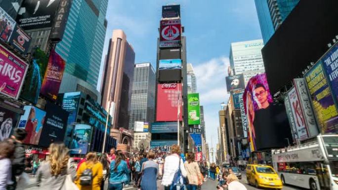 4k时间流逝的人群匿名游客步行和访问时代广场地区，纽约，美国，美国，具有商业概念的旅行和地标