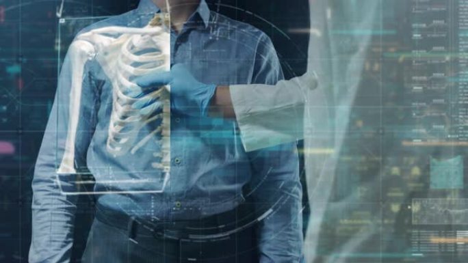 未来主义医生的慢动作正在现代实验室用最新的创新技术扫描增强现实全息图检查患者的内脏