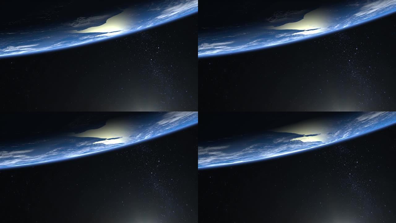 来自太空的地球。屏幕上的星球在顶部。星星闪烁。4K。地球缓慢旋转。现实的氛围。3D体积云。