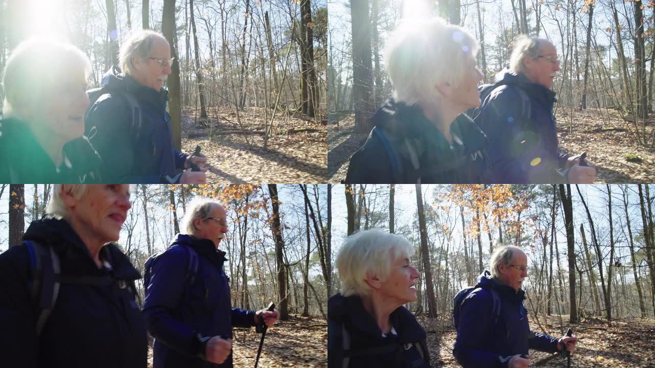 老年夫妇在森林徒步旅行时聊天