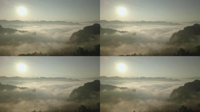 雾的鸟瞰图流过泰国北部的雨林山