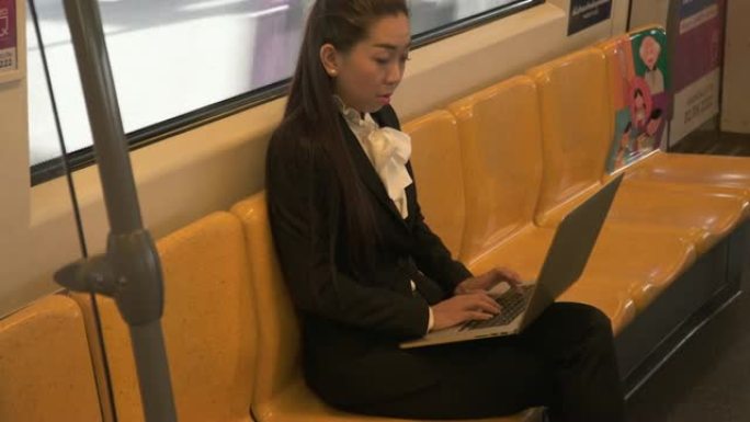 女商人使用笔记本电脑在地铁列车上工作。