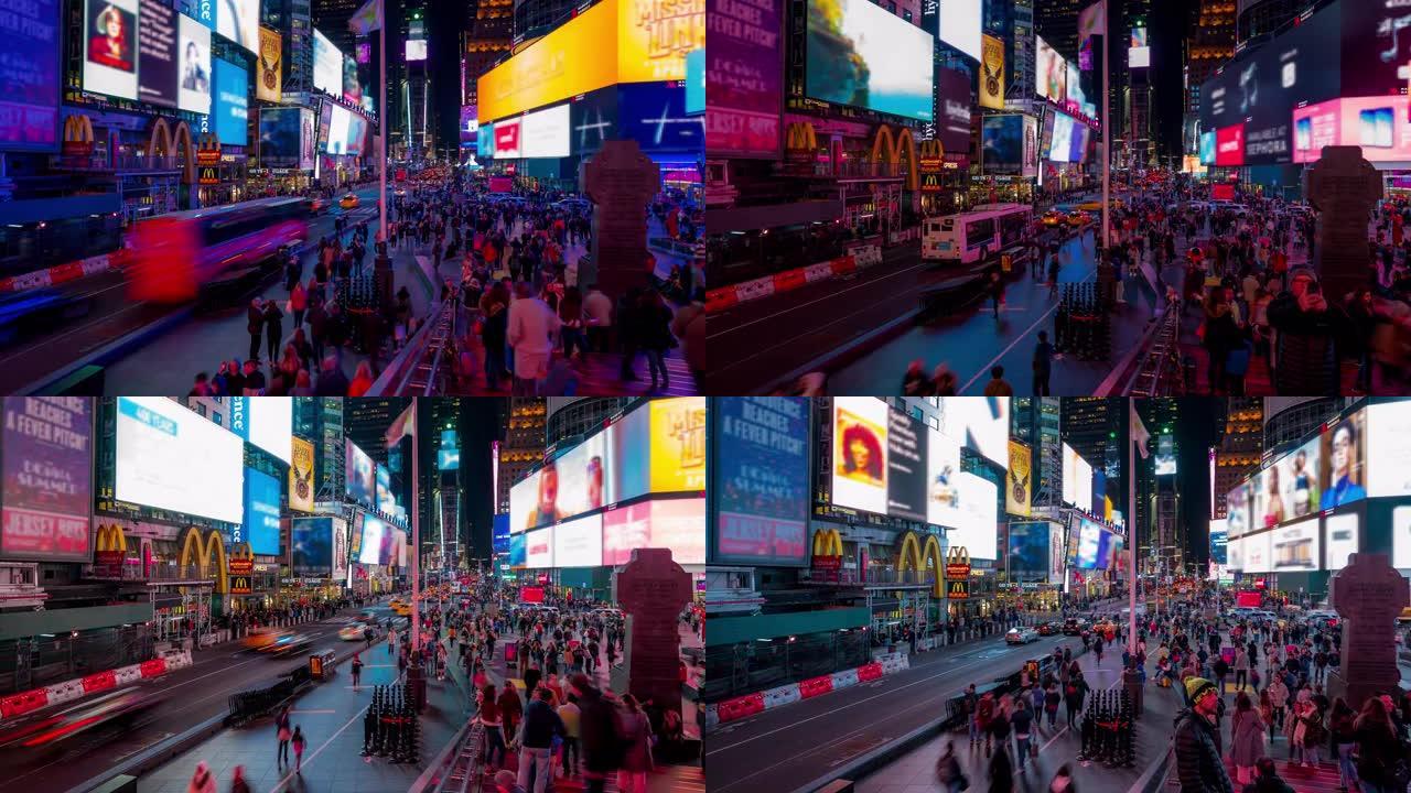 延时: 日落之夜，游客行人在纽约时代广场拥挤