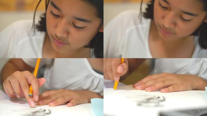 亚洲女孩在家画画小女孩绘画学画画