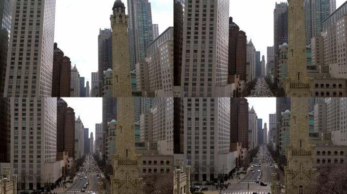 电影向下倾斜高角度视图行人拥挤和汽车交通在美国芝加哥密歇根大道的宏伟英里密歇根大道购物街区。美国生活