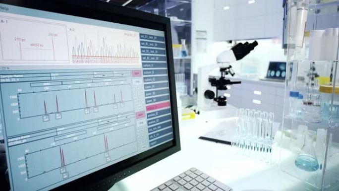 未来的实验室设备。计算机屏幕上的DNA扫描