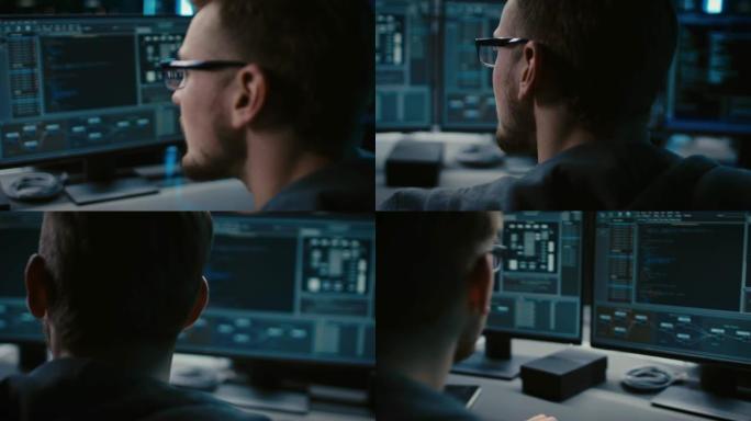 戴着眼镜的IT专家的肖像在个人计算机上工作，屏幕上显示带有编码语言界面的软件程序。深色。特写移动镜头