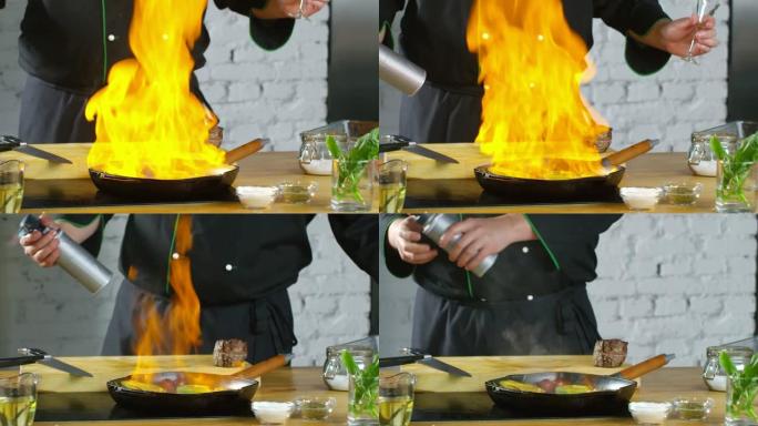 锅中无法识别的厨师火焰蔬菜