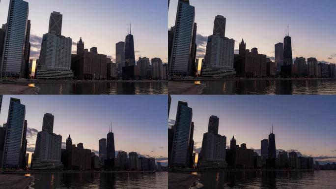 延时: 芝加哥城市景观办公室天际线摩天大楼，位于美国俄亥俄州街海滩，日落时分