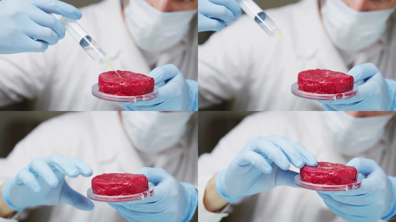 一位年轻科学家的慢动作正在实验室检查和分析培养的人造肉样品