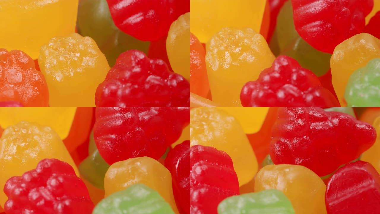 各种软糖、果冻糖果的宏观照片。