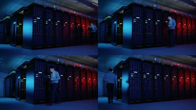 在数据中心: 男性IT专家沿着一排操作服务器机架行走，使用笔记本电脑进行维护。电信、云计算、人工智能