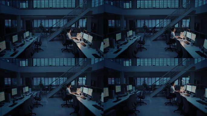 独自在办公室深夜工作: 女商人使用台式计算机，分析，使用文档，解决问题，完成项目