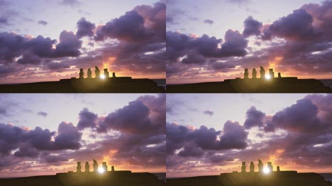 日落时的阿胡塔海。拉帕努伊 (复活节岛) 海岸的古摩艾雕像。