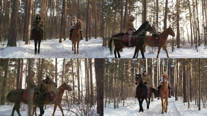 冬季，夫妇在树林中骑马