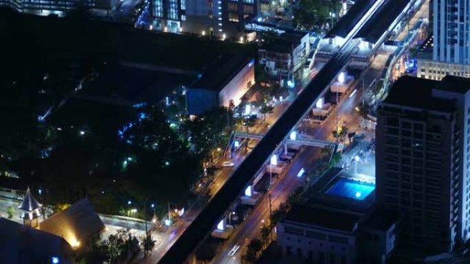 延时和向上倾斜: 曼谷BTS skytrain的鸟瞰图。