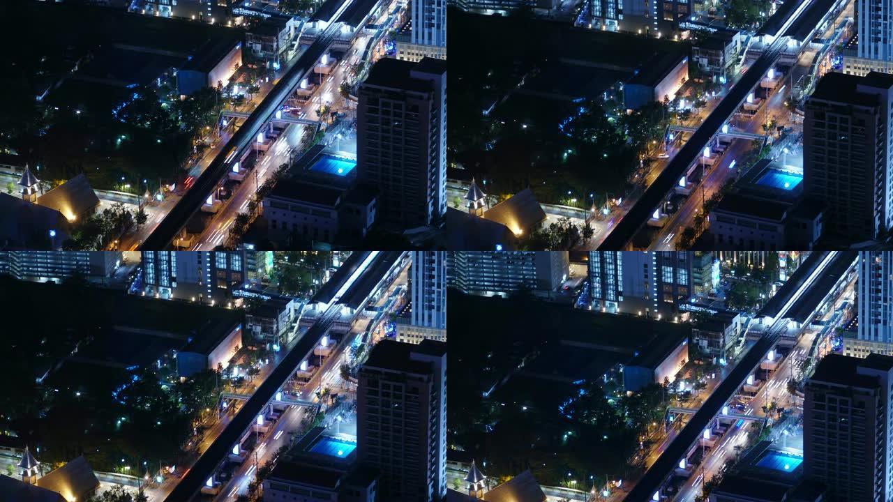 延时和向上倾斜: 曼谷BTS skytrain的鸟瞰图。