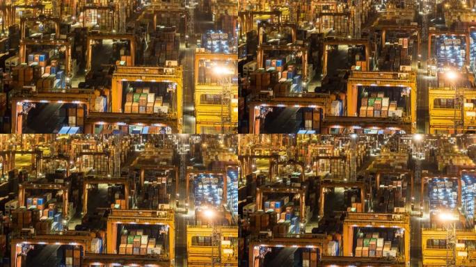延时: 夜间在香港青衣港与货场的海运集装箱港口的工作