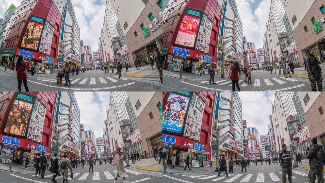 行人的4k时间流逝人群未定义的人步行立交桥在日本秋叶原东京市的街道交叉路口。日本文化与电城购物区概念