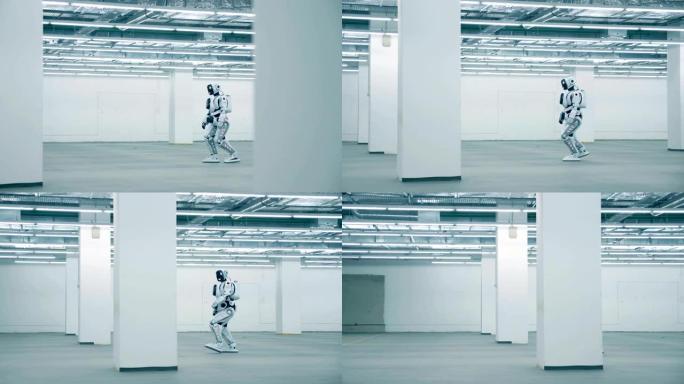 白色未来派机器人，机器人行走，特写。