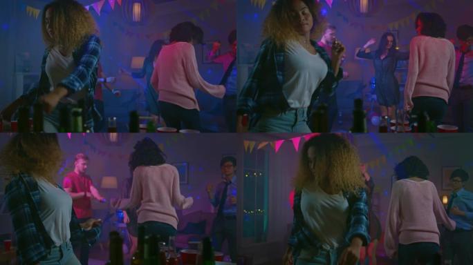 在野房派对上: 美丽的黑人女孩在霓虹灯中诱人地跳舞。在后台，其他人玩得开心，泡吧。慢动作。