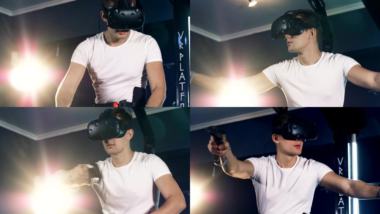 一个戴着虚拟现实眼镜的人正在移动他面前的虚拟空间。虚拟现实耳机玩游戏360。