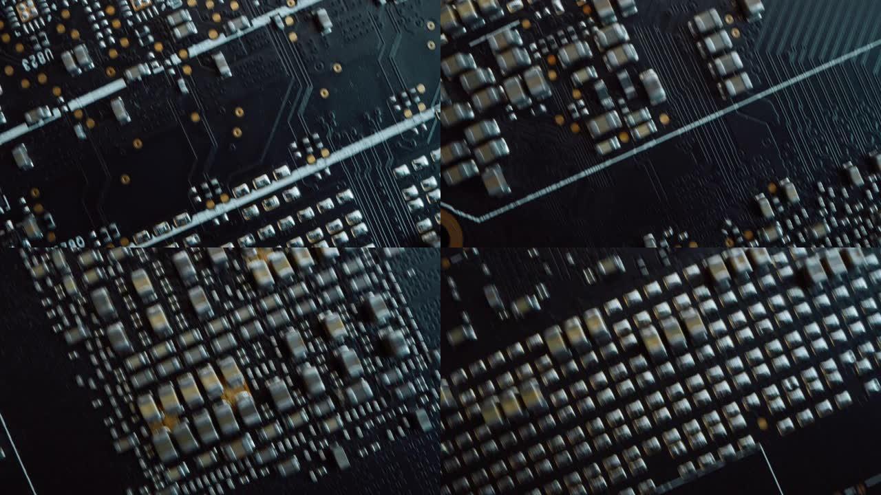 彩色印刷电路板，计算机主板组件: 微芯片，CPU处理器，晶体管，半导体。电子设备内部，超级计算机的一