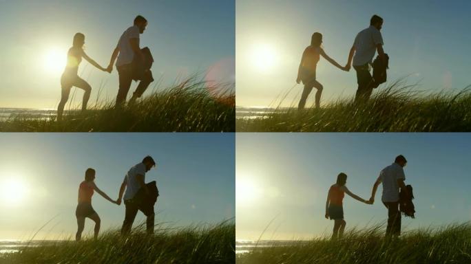 年轻夫妇牵手在沙滩上散步4k