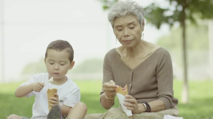 奶奶吃孙子的冰淇淋蛋卷