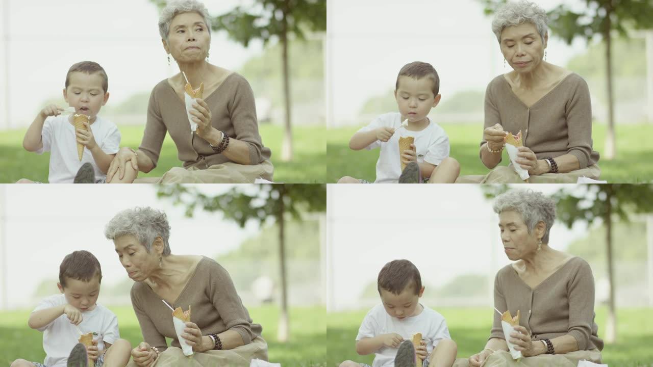 奶奶吃孙子的冰淇淋蛋卷