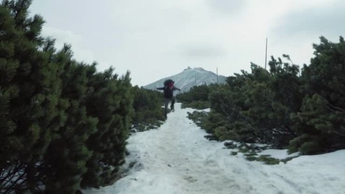 在山上的雪地上跳跃和奔跑。