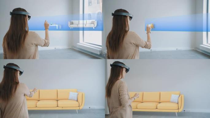 装饰公寓: 漂亮的女人戴着混合现实耳机使用增强现实室内设计软件来选择客厅沙发的类型和颜色。3D渲染