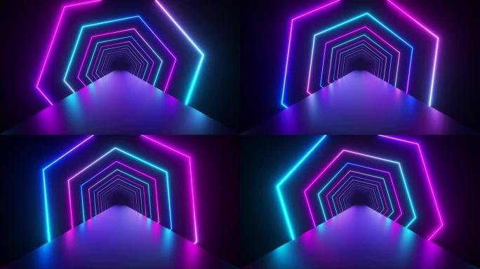 带有旋转正方形的抽象几何背景，荧光紫外光，发光霓虹灯线，旋转隧道，现代彩色蓝色红色粉色紫色光谱，无缝