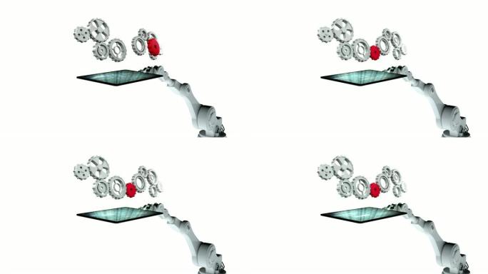 带有机器齿轮的白色机械臂手持数字平板电脑的数字生成视频